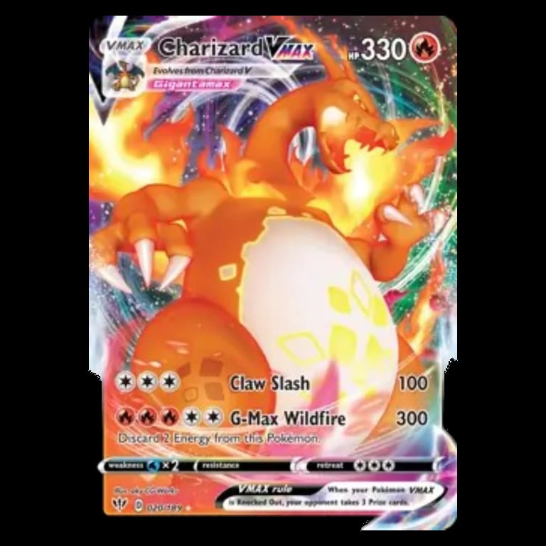 Charizard VMAX Pokemon trading card with 330 HP, featuring orange fire-breathing dragon and attack moves Claw Slash and G-Max Wildfire