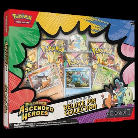 Pokemon Scarlet and Violet Ascended Heroes First Partners Deluxe Pin Collection box featuring Sprigatito, Quaxly, and Fuecoco with cards displayed