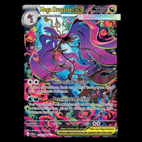 Mega Dracalge EX pokemon trading card featuring purple and magenta creature with energy attack abilities displayed