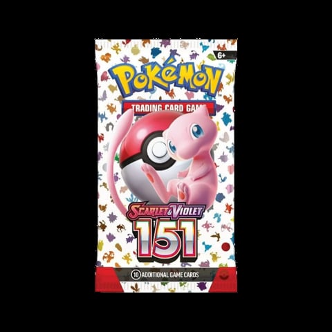 Pokemon Scarlet and Violet 151 trading card game booster pack featuring pink Pokemon character on white background with colorful star pattern
