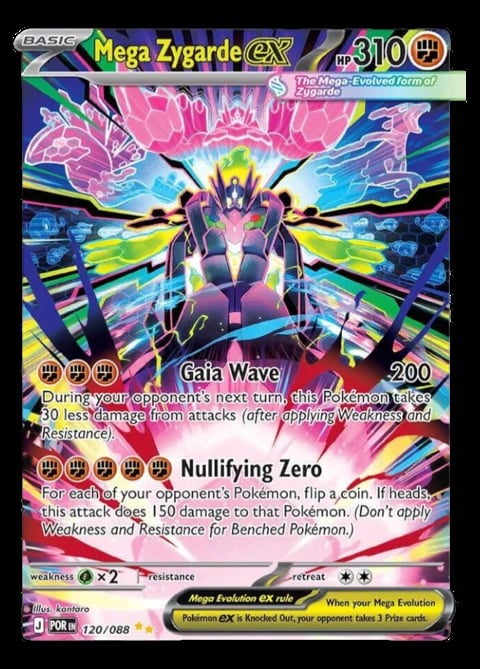 Mega Zygarde EX Pokemon card with 310 HP, featuring Gaia Wave and Nullifying Zero attacks on colorful holographic background