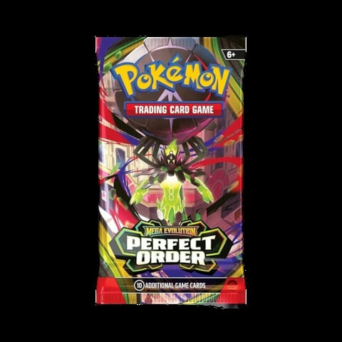 Pokemon Trading Card Game Scarlet and Violet Perfect Order booster pack with dark spiky creature artwork on red background