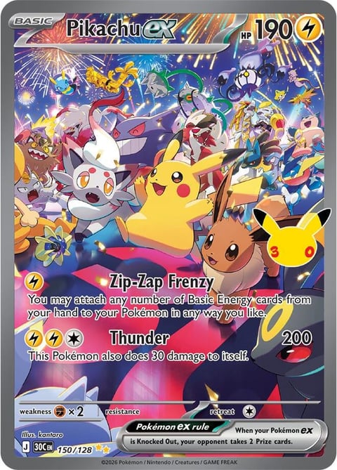 Pikachu EX Pokemon card showing Pikachu and other Pokemon characters with Zip-Zap Frenzy and Thunder attack abilities, HP 190