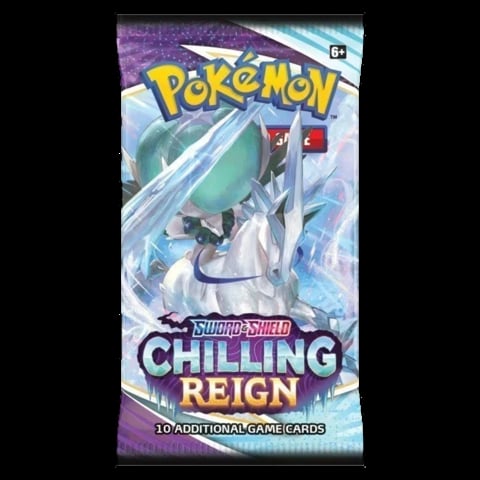 Pokemon Sword and Shield Chilling Reign booster pack featuring a legendary Pokemon character with 10 additional game cards