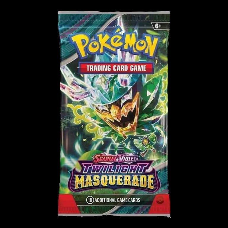 Pokemon Trading Card Game Scarlet and Violet Twilight Masquerade booster pack with colorful artwork and 6+ age rating