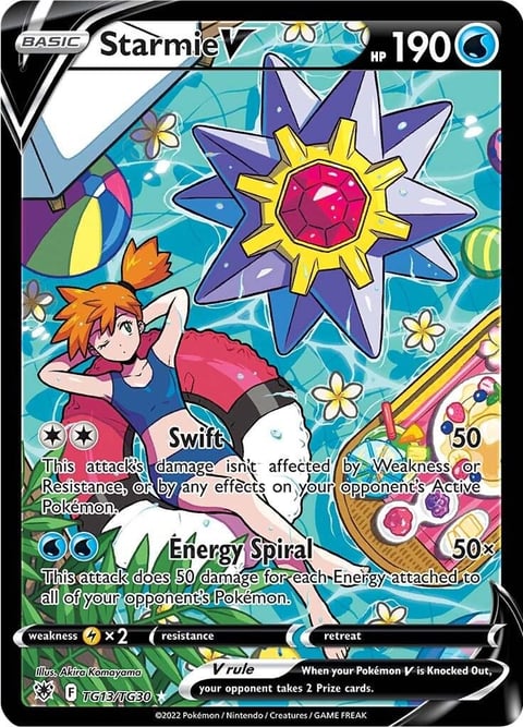 Starmie V Pokémon trading card with HP 190, featuring blue star-shaped creature and trainer character with colorful background