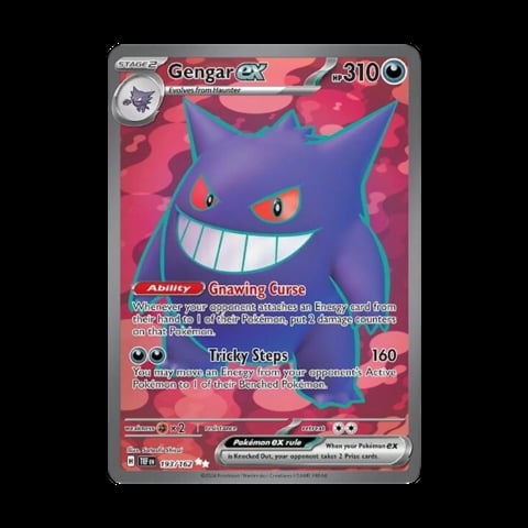 Gengar EX Pokemon trading card featuring a purple smiling Gengar with attack moves Gnawing Curse and Tricky Steps