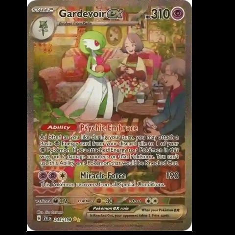 Gardevoir EX Pokemon trading card with HP 310, showing the character in a living room setting with ability Psychic Embrace and attack Miracle Force