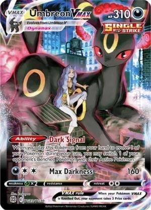 Umbreon Vmax Pokemon card with HP 310, featuring Dark Signal ability and Max Darkness attack