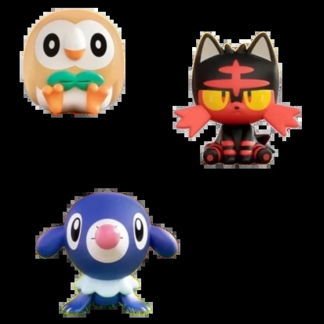 Three Pokemon characters: beige owl with green scarf, red and black cat with bow, blue and white round creature with pink nose
