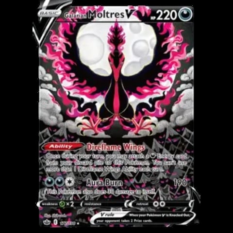 Galarian Moltres V Pokemon card featuring pink and black bird design with 220 HP and ability descriptions