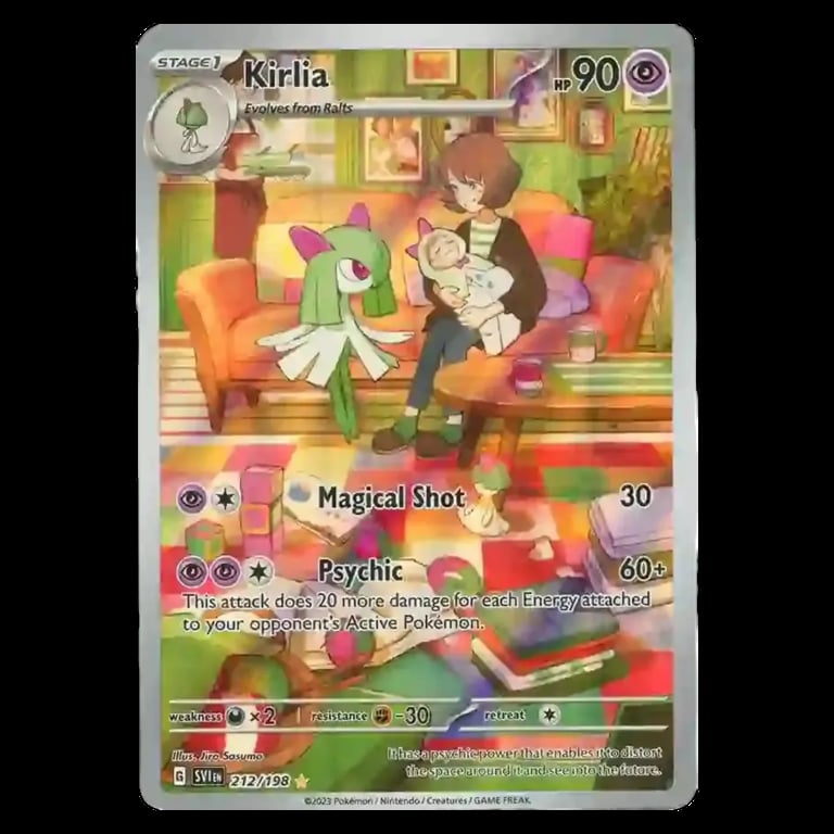 Kirlia Pokémon card showing a stage 1 evolution card with 90 HP, featuring artwork of a girl and Kirlia in a colorful living room setting.