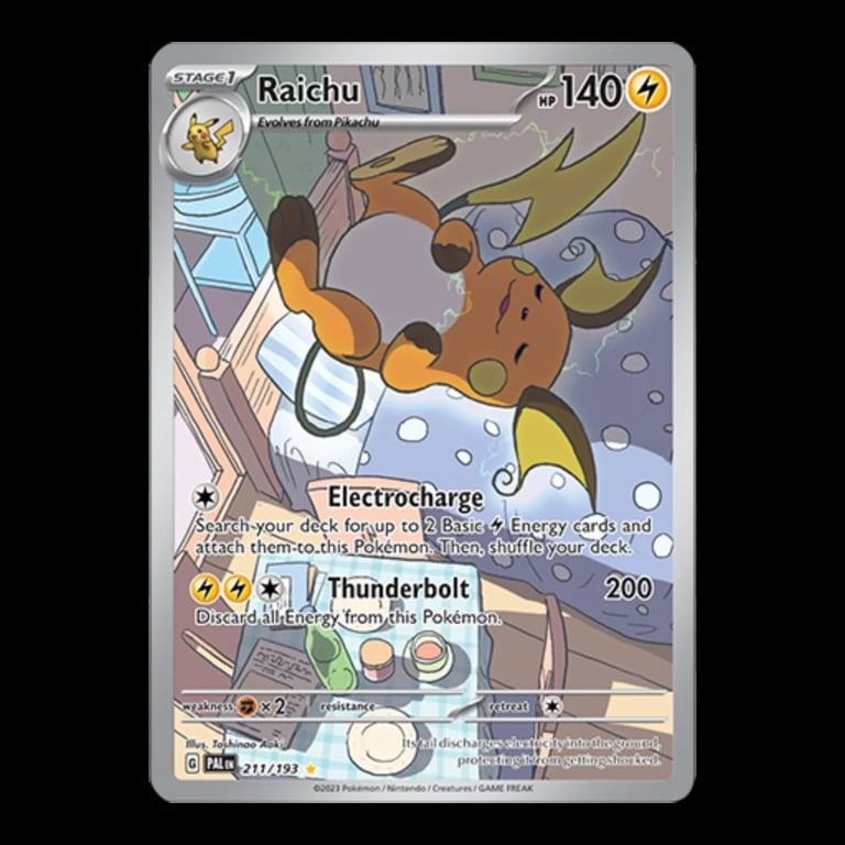 Raichu Pokemon trading card showing an electric-type Pokemon with moves Electrocharge and Thunderbolt, HP 140