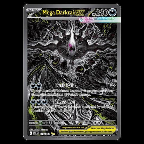 Mega Darkrai GX Pokémon trading card with 280 HP, featuring dark purple artwork of the legendary Pokémon with glowing eyes and abilities listed below