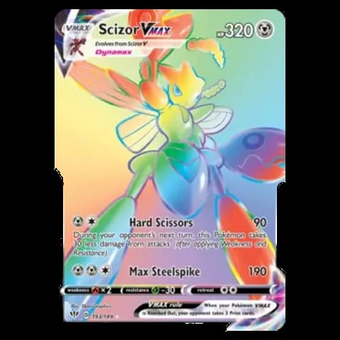 Scizor VMAX Pokémon trading card with colorful rainbow gradient background, showing HP 320 and attacks Hard Scissors and Max Steelspike