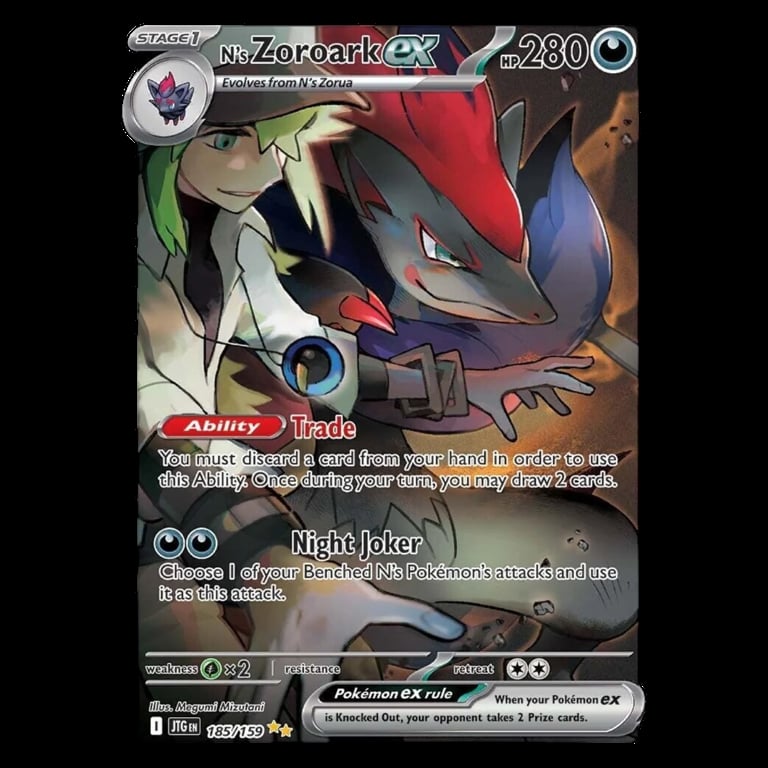 Zoroark EX Pokemon card showing a green-haired character with a red and black fox-like creature, stage 1 card with Trade ability and Night Joker attack