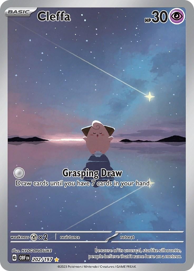 Cleffa Pokemon card with Grasping Draw ability against a starry night sky background with shooting stars
