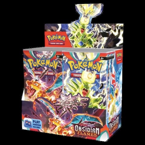 Pokemon Trading Card Game Obsidian Flames booster box with Zapdos artwork and yellow electric Pokemon illustration on display
