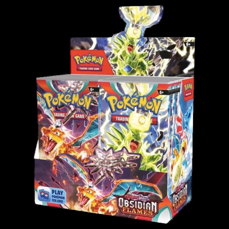 Pokemon Trading Card Game Obsidian Flames booster box with Zapdos artwork and yellow electric Pokemon illustration on display