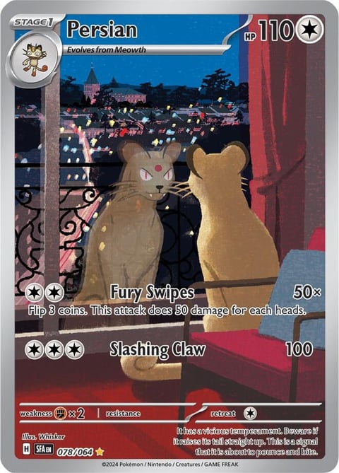 Persian Pokémon trading card showing two tan cats on a Parisian street, Stage 1 Evolves from Meowth, with Fury Swipes and Slashing Claw attacks