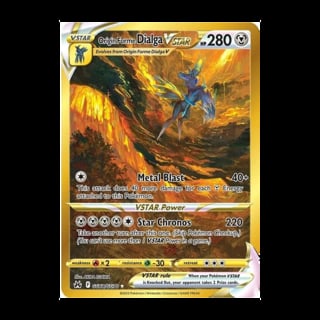 Gigantamax Dialga VSTAR Pokemon card, 280 HP, featuring Metal Blast and Star Chronos attacks with gold border and battle artwork
