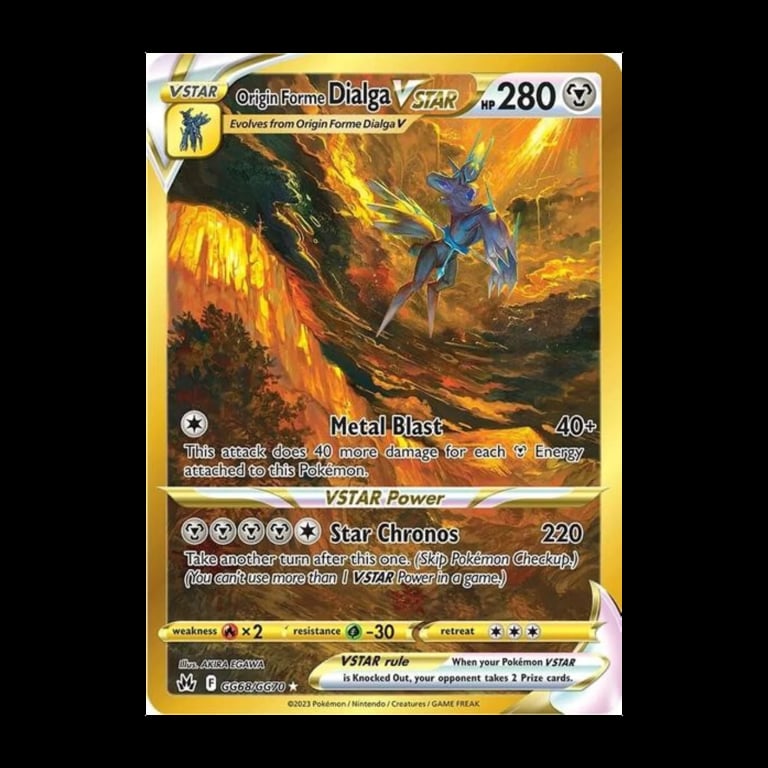 Gigantamax Dialga VSTAR Pokemon card, 280 HP, featuring Metal Blast and Star Chronos attacks with gold border and battle artwork