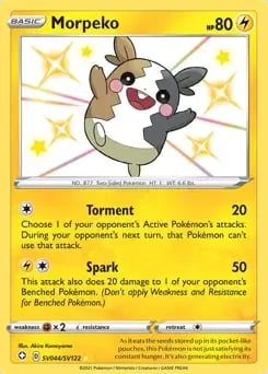 Morpeko Pokemon card showing Formatem attack dealing 20 damage and Spark attack dealing 50 damage