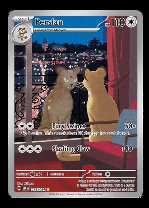 Pokémon trading card of Persian Stage 1, a tan cat Pokémon with two move attacks displayed against a city night background