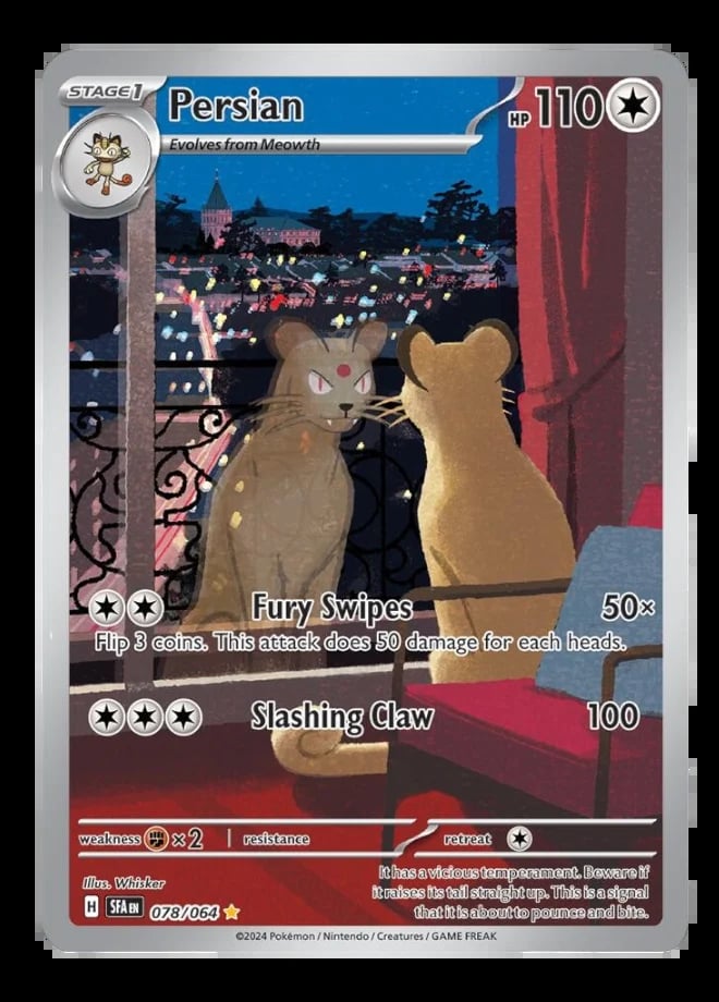 Pokemon trading card of Persian Stage 1, a tan cat Pokemon with two move attacks displayed against a city night background