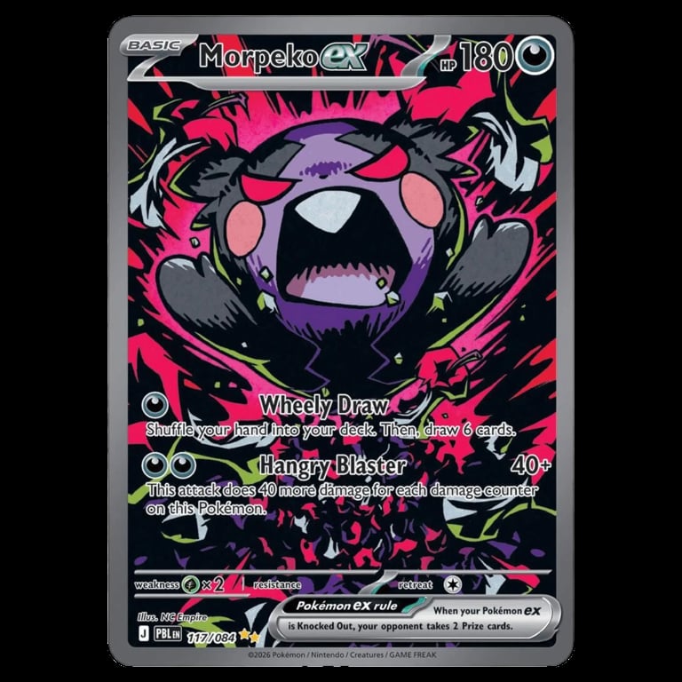 Morpeko EX Pokémon trading card with purple and pink coloring, featuring Writhing Brew and Hangry Blister attacks