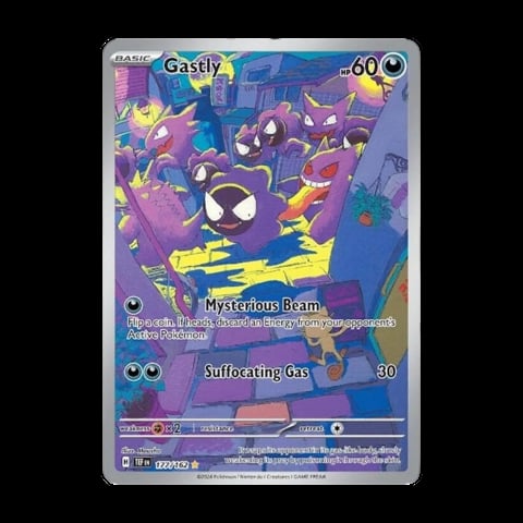 Pokémon Gastly card with purple ghost creatures, 60 HP, featuring Mysterious Beam and Suffocating Gas attacks
