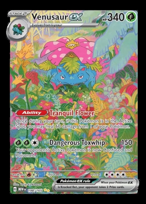 Venusaur EX Pokemon trading card with 340 HP, featuring pink flower-shaped design and abilities Tranquil Flower and Dangerous Toxwhip