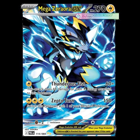 Mega Zaraora EX trading card featuring a blue and black lightning-themed Pokemon with 270 HP and two attacks: Thunderous Fist and Zepto Turn