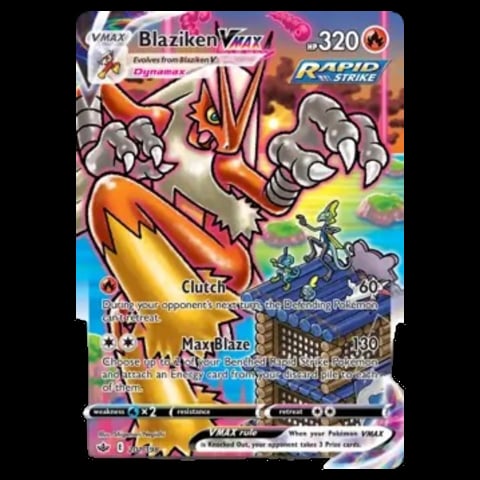 Blaziken VMAX Pokemon card with 320 HP, featuring Rapid Strike ability and attack moves Clutch and MaxBlaze