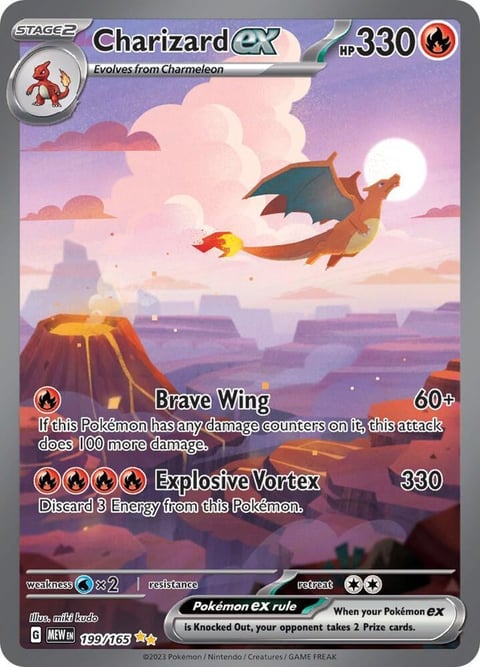 Charizard EX Pokémon trading card with 330 HP, showing the dragon flying over a volcanic landscape with attack moves Brave Wing and Explosive Vortex