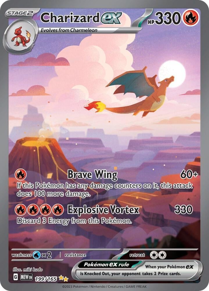 Charizard EX Pokemon trading card with 330 HP, showing the dragon flying over a volcanic landscape with attack moves Brave Wing and Explosive Vortex