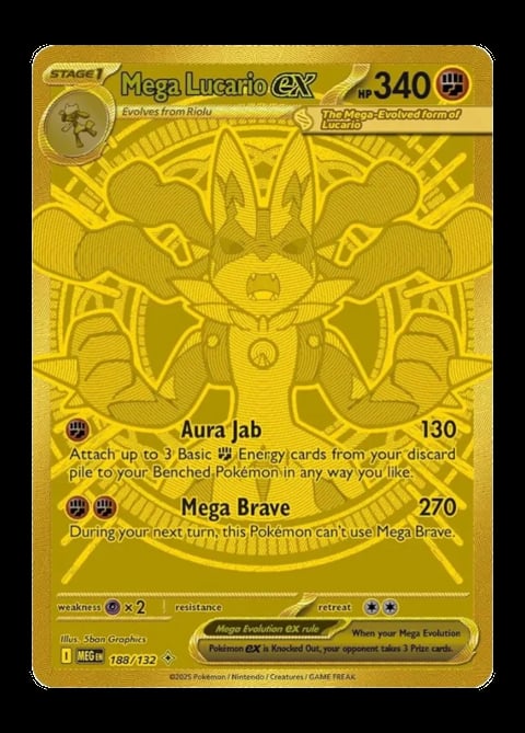 Gold Mega Lucario EX Pokémon trading card with 340 HP, featuring Aura Jab and Mega Brave attacks