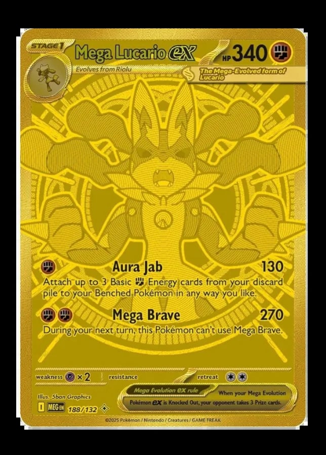 Gold Mega Lucario EX Pokemon trading card with 340 HP, featuring Aura Jab and Mega Brave attacks