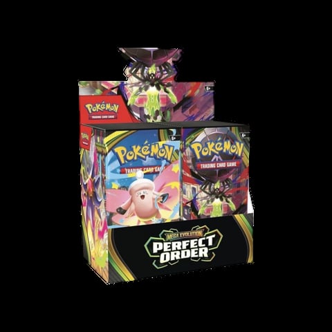Pokemon Trading Card Game Perfect Order booster box with display featuring Pecharunt artwork on black background