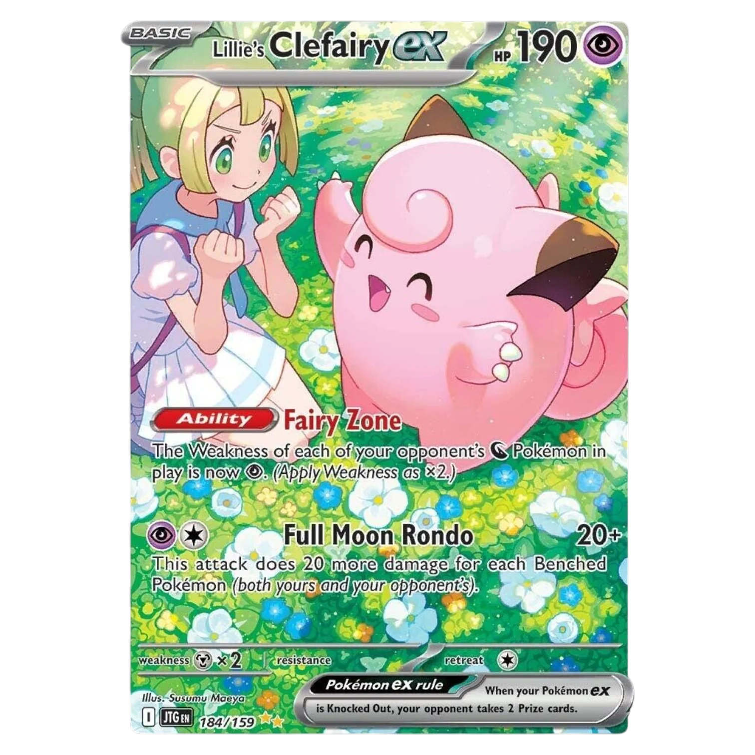 Pokémon card of Lillies Clefairy EX with 190 HP, featuring a girl trainer and pink Clefairy, with Fairy Zone ability and Full Moon Rondo attack