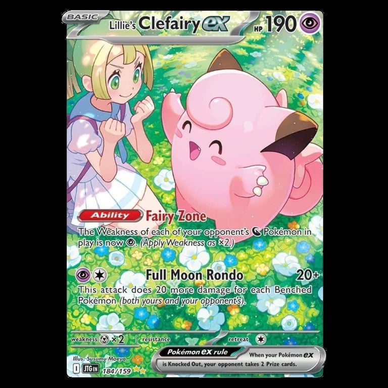 Pokémon card of Lillies Clefairy EX with 190 HP, featuring a girl trainer and pink Clefairy, with Fairy Zone ability and Full Moon Rondo attack
