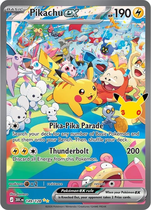Pikachu EX Pokemon card with HP 190, featuring Pika-Pika Parade attack and Thunderbolt move