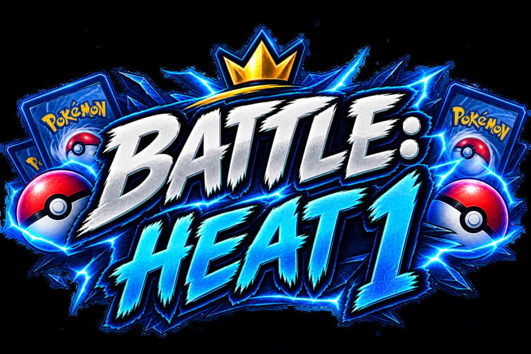 Pokemon Battle Heat 1 logo with blue electric effects, crown, and Pokeballs on black background