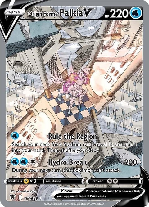 Origin Forme Palkia V Pokémon trading card with 220 HP featuring Rule the Region ability and Hydro Break attack