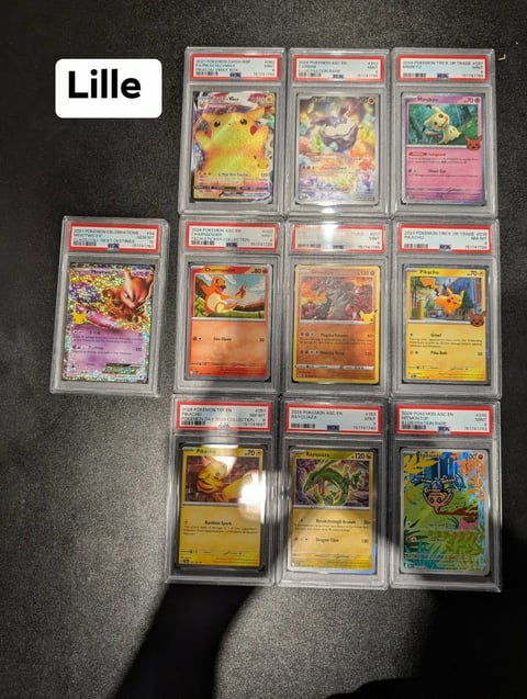 Collection of 12 graded Pokemon trading cards in protective cases, labeled Lille
