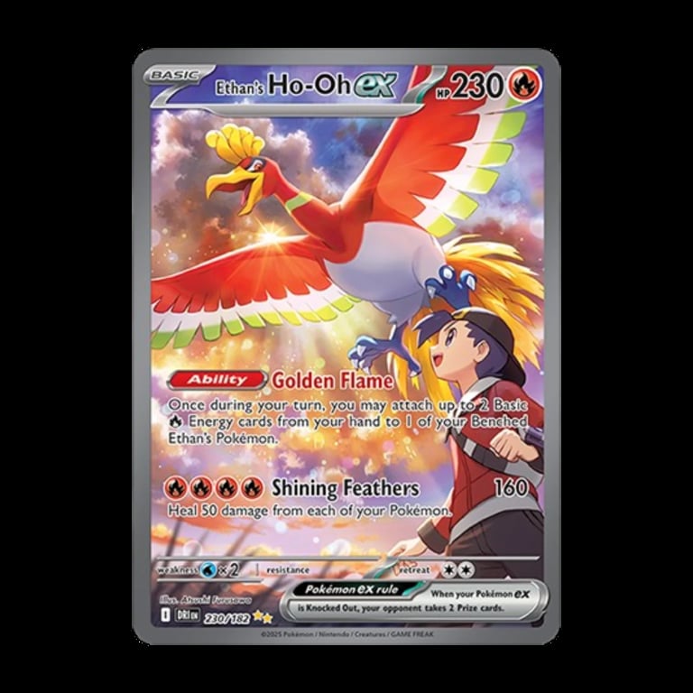 Ethans Ho-Oh ex Pokémon trading card with 230 HP, featuring the legendary bird and a trainer character