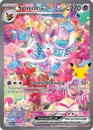 Sylveon EX Pokemon trading card featuring the pink and blue Pokemon surrounded by colorful flowers with attack details and stats visible
