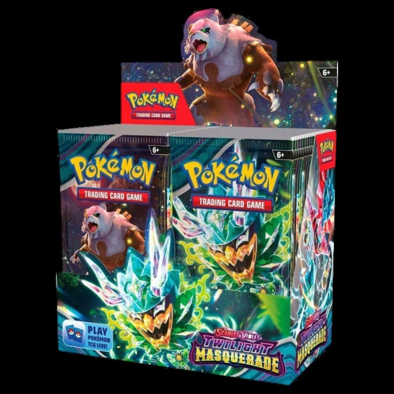 Pokemon Trading Card Game Scarlet & Violet Masquerade booster box with Charizard artwork displayed against black background