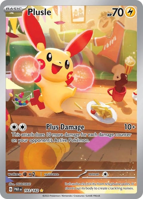 Plusle Pokemon trading card showing a yellow and red electric-type Pokemon with attack stats and ability details
