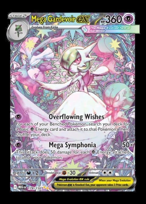 Mega Gardevoir EX Pokemon trading card with 360 HP, featuring pink and purple coloring and two move abilities